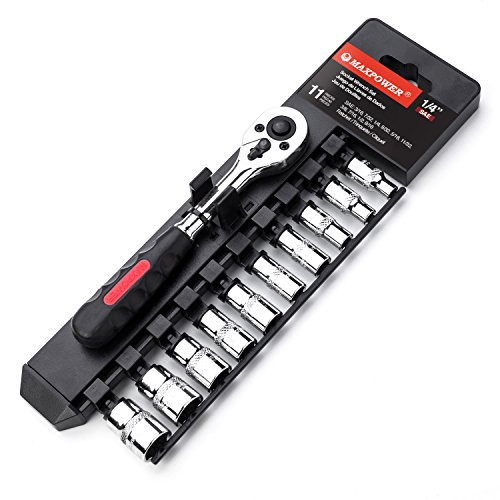 MAXPOWER 11-Piece 1/4" SAE Ratcheting Socket Wrench Set - Quick Release Reversible Ratchet Handle and Swappable Spanners Inch Imperial Sockets with Hanging Rack