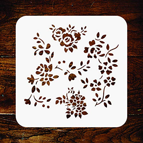 Naive Flowers Stencil - 4.5 x 4.5 inch - Reusable Folkart Rose Flora Flower Wall Stencils Template - Use on Paper Projects Scrapbook Journal Walls Floors Fabric Furniture Glass Wood etc.