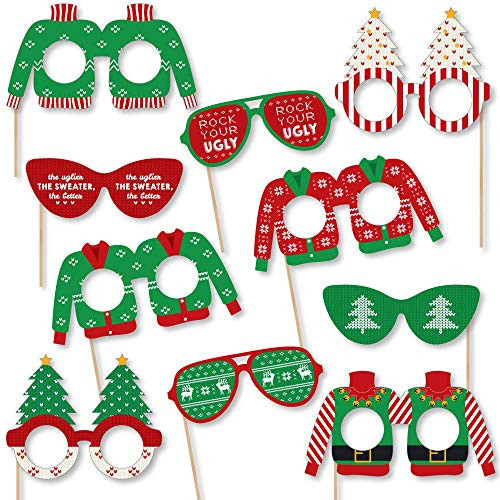 Big Dot of Happiness Ugly Sweater Glasses and Masks - Paper Card Stock Holiday & Christmas Party Photo Booth Props Kit - 10 Count