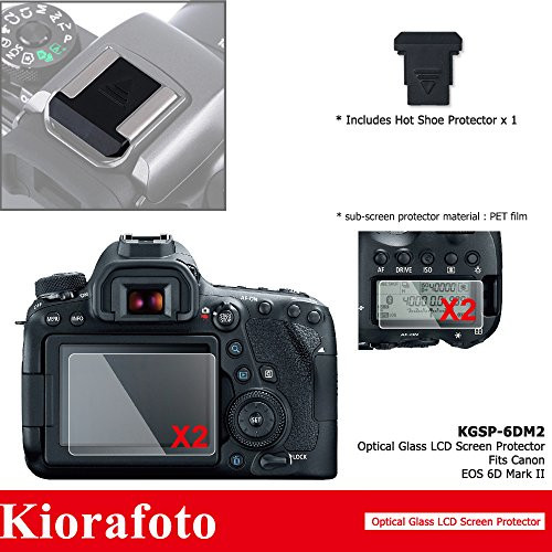 Kiorafoto 2 Pack 2.5D / 9H Optical Tempered Glass LCD Screen Protector + Sub-screen PET Film Protector for Canon EOS 6D Mark II / 6DM2 / 6D2 DSLR Camera Screen Protector with Hot Shoe Dustproof Cap