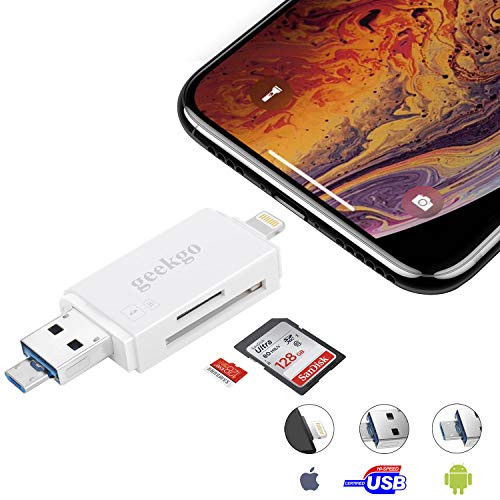 geekgo SD Card Reader,Micro SD TF USB Memory Card Reader Trail Game Camera Adapter Viewer for iPhone iPad Mackbook Laptop Surface iOS Android Mac - Supports Micro USB OTG 3 in 1 (White)