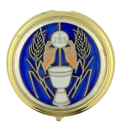 Gold Plate Eucharist Pyx with Blue Enamel Chalice and JHS Host Medal, 2 1/4 Inch