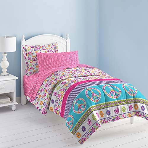 Dream Factory Peace And Love Peace Signs Girls Comforter Set, Multi-Colored, Twin