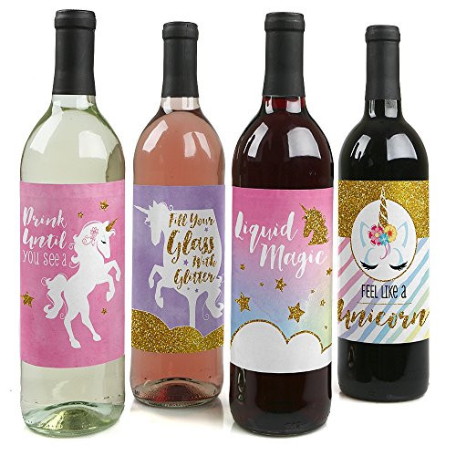 Rainbow Unicorn - Magical Unicorn Baby Shower or Birthday Party Decorations for Women and Men - Wine Bottle Label Stickers - Set of 4