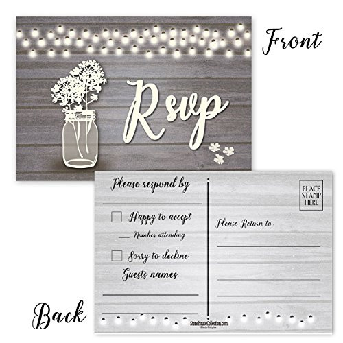 50 Rustic Blank RSVP Postcards - Lights, Jar & Flowers - 4 x6 Postcards - Great For Wedding RSVP Postcards, RSVP Reply Cards (Rustic Jar)