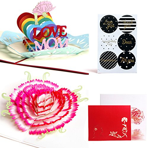 Mother's Day Greeting Card, 3D Pop Up Birthday Cards, Handmade Thank You Card for Mom Grandmom, with Envelope and Thanks You Stickers - 2 Pack (I Love Mom & Carnation)