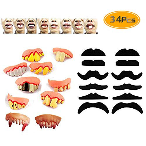 34PCS TKOnline Novelty Fake Mustache Mustaches Novelty & Toy And Ugly Fake Teeth Costume Party, Fancy Dress Party And Funny Gag Gift.