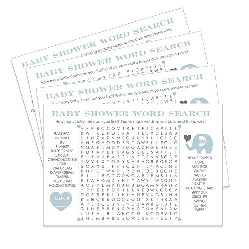 Blue Elephant Baby Shower Games Word Search Set of 25 Cards