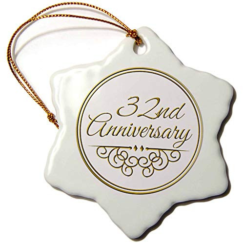 3dRose InspirationzStore Occasions - 32nd gold text for celebrating wedding anniversaries - 32 years married together - 3 inch Snowflake Porcelain Ornament (orn_154474_1)