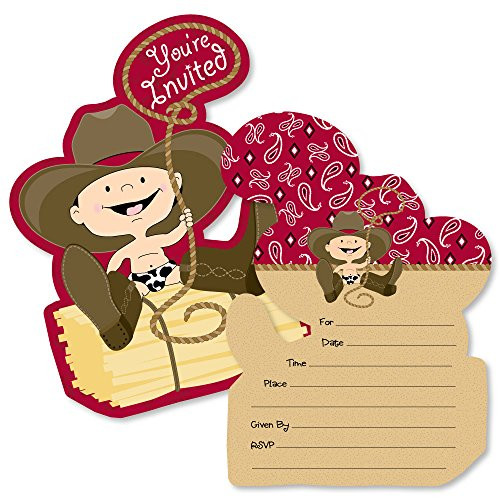 Little Cowboy - Shaped Fill-in Invitations - Western Baby Shower or Birthday Party Invitation Cards with Envelopes - Set of 12