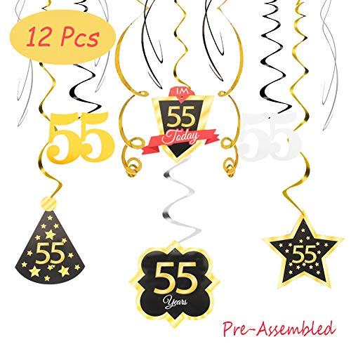 55 Birthday Decoration Happy 55th Birthday Party Silver Black Gold Foil Hanging Swirl Streamers I'm Fifty Five Years Old Today Birthday Hat Gold Star Ornament Party Present Supplies