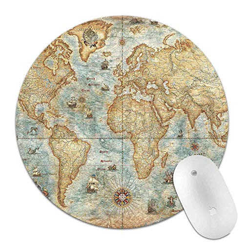 Mouse Pad Vintage World Map Print Mousepad Antique Decorate Mouse Pads Round Non Slip Gaming Mouse Pad (Map)