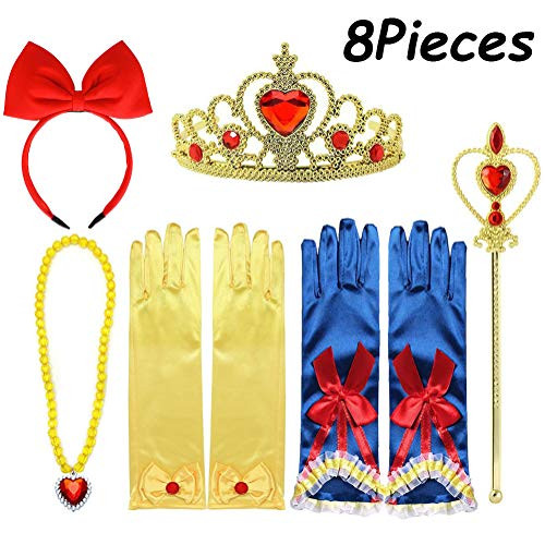 Yosbabe 6Pcs Princess Dress up Accessories for Girls Princess Belle Snow White Party Favors Gifts Set Including Crown Scepter Wand Necklace Gloves Red Bow Headband
