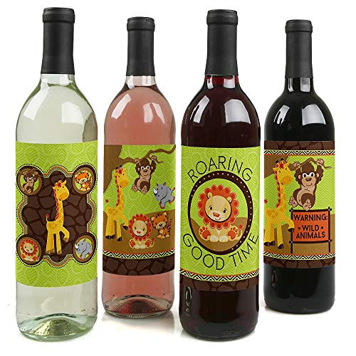 Funfari - Fun Safari Jungle - Baby Shower or Birthday Party Decorations for Women and Men - Wine Bottle Label Stickers - Set of 4