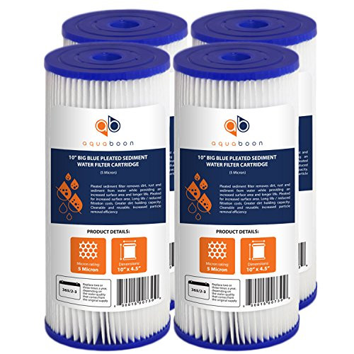 Aquaboon 5 Micron 10" Big Blue Pleated Sediment Water Filter Replacement Cartridge | Whole House Sediment Filtration | Compatible with FXHSC, ECP5-BB, FM-BB-10-5, CP5-BBS, 255490-43, HDC3001, 4-Pack