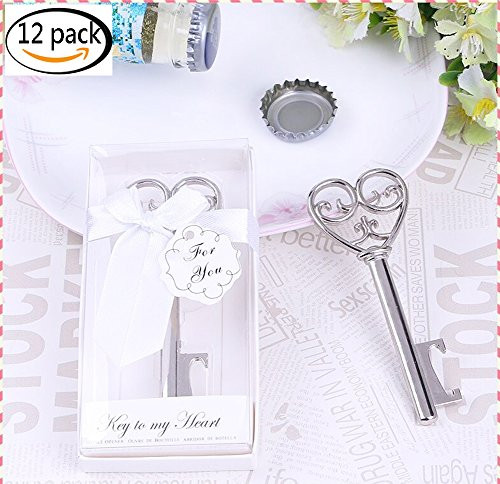Youkwer 12 PCS Skeleton Silver Key Shaped Beer Bottle Cap Opener with Exquisite Packaging for Wedding Party Favors Gift & Shiny Decorations,Key To My Heart (Silver)