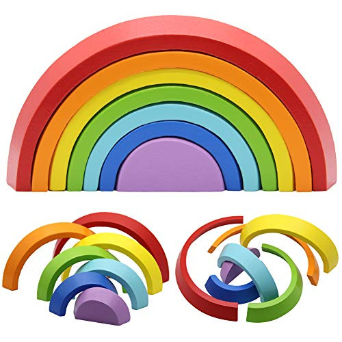 MorTime Wooden Rainbow Stacker, Tunnel Stacking Game, Jigsaw Puzzles Educational Toys, Shape Matching Learning Toy Set, Early Development Gift for Toddler