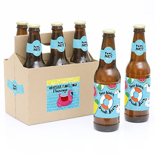Make A Splash - Pool Party - Summer Swimming Party Decorations for Women and Men - 6 Beer Bottle Label Stickers and 1 Carrier