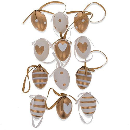BestPysanky Set of 12 Miniature Gold and White Plastic Easter Egg Ornaments 1.6 Inches