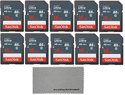 SanDisk 16 GB Class 10 SD HC Ultra Flash Memory Card - 10 Pack With Everything But Stromboli (tm) MicroFiber Cleaning Cloth