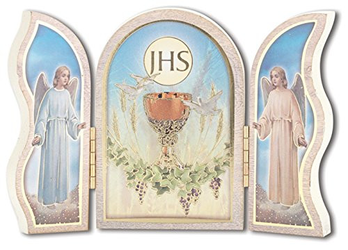 First Communion Plaque Gold Embossed White Standing Triptych
