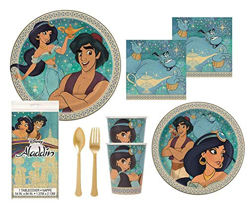 Aladdin Party Supplies Decorations Princess Jasmine Birthday Plates Napkins Cups Table Cover Premium Gold Plastic Cutlery Serves 16 Guests