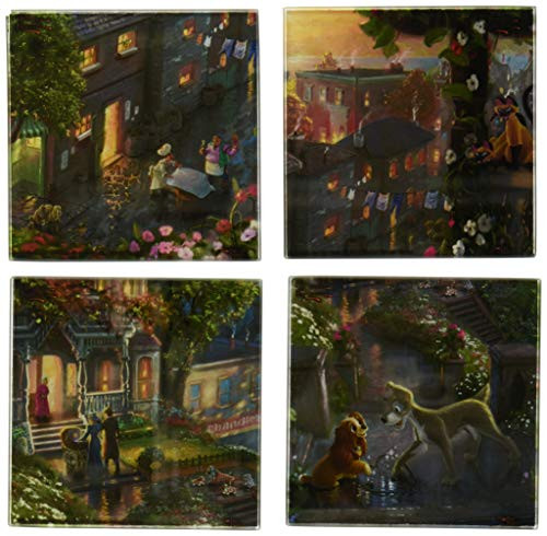 Trend Setters SPCSTR357 Disney's Lady and the Tramp (Thomas Kinkade Art) with Wooden Holder Glass Coaster Set 4x4 Translucent