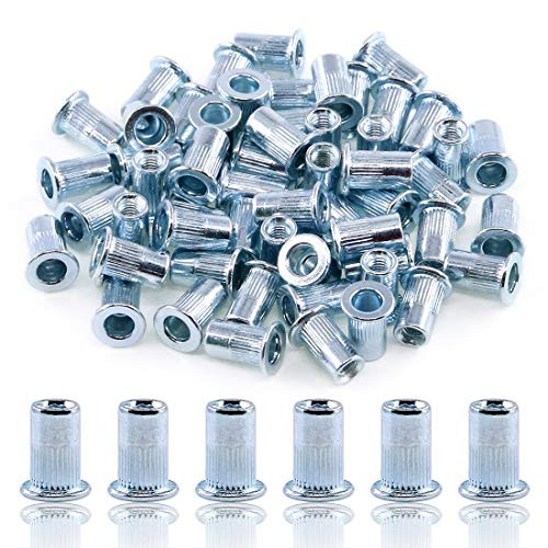 Swpeet 100Pcs 5/32-32" Imperial Zinc Plated Carbon Steel Blue White Knurled Rivet Nut Flat Head Threaded Insert Nutsert Assortment Kit