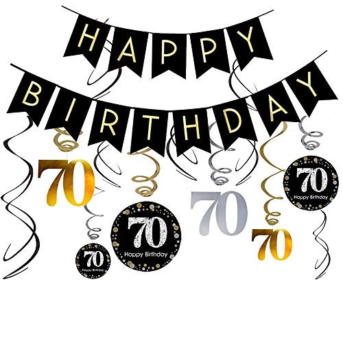 70th Birthday Decorations Kit- Gold Glitter Happy Birthday Banner & Sparkling Celebration 70 Hanging Swirls-70th Anniversary Decorations