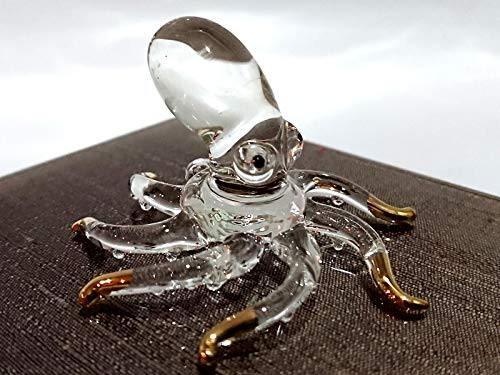 Sansukjai Octopus Miniature Figurines Animals Hand Blown Glass Art W/22k Gold Trim Collectible Gift Decorate, Clear