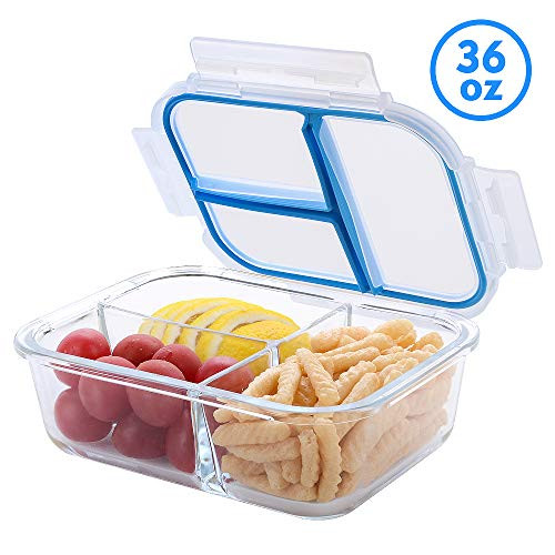Glass Meal Prep Containers 3 Compartments TIME4DEALS 1 Pack 36 Oz Upgraded Glass Lunch Containers Independent Seal NO FOOD ODOR Lunch Box Bento Box, BPA-Free, Microwave, Oven, Freezer, Dishwasher Safe
