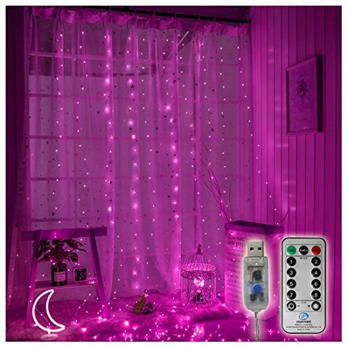300 LED Copper Curtain String Lights 9.8ftx9.8ft Window Icicle Fairy Lights USB Powered 8 Modes with Wireless Remote Control for Home Bedroom Christmas Wedding Party Decor - Pink