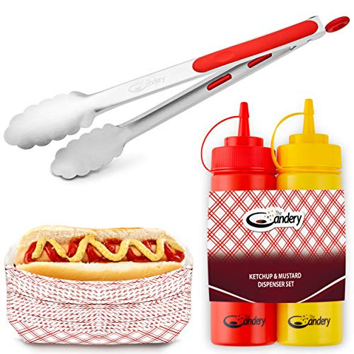 The Candery All-in-One Hot Dog Accessories Set- Ketchup and Mustard Squeeze Bottles - BBQ Tongs - 50 Red/White Hot Dog Trays for Carnivals, BBQs, Picnics, Concession Stands