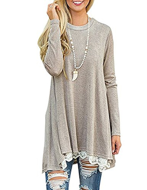 Andaa Women's Crew Neck Long Sleeve Lace Splicing Swing Shirt Dresses Long Tunic Blouses Shirts for Leggings (L, Khaki)