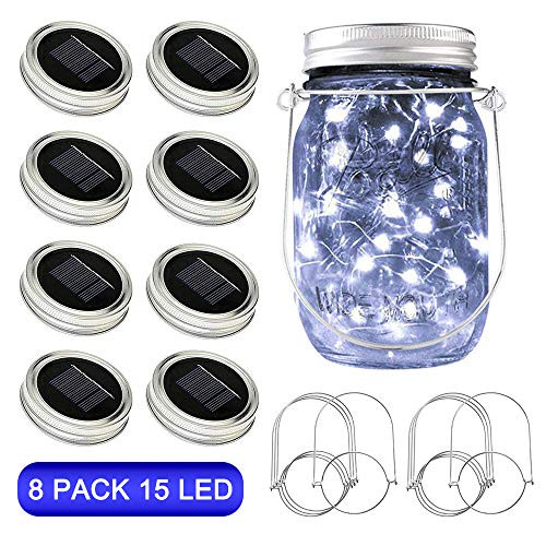 SunKite Solar Mason Jar Lights, 8 Pack 15 LED Waterproof Fairy Firefly Jar Lids String Lights with Hangers(NO Jars), Patio Yard Garden Wedding Easter Decoration - Cool White