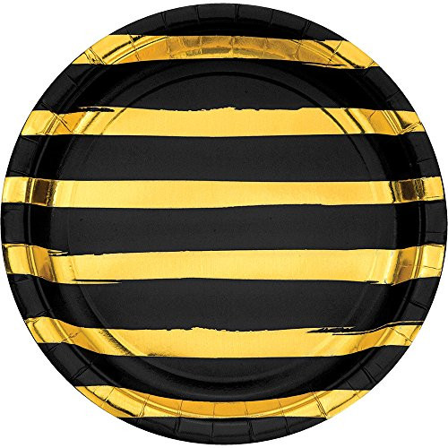 Creative Converting Black and Gold Foil Striped Dinner Plates, 8 Count