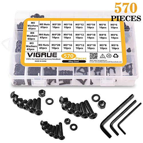 VIGRUE M3 M4 M5 Alloy Steel Hex Socket Button Head Cap Nuts Flat Washers Kit Black Screw Assortment (570 PCS)