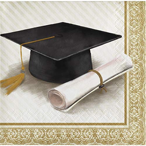 Creative Converting 335392 Classic Graduation Beverage Napkins, 5", Gold and Silver