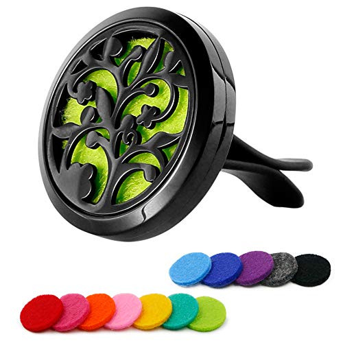 RoyAroma 30mm Car Aromatherapy Essential Oil Diffuser Stainless Steel Locket with Vent Clip 12 Felt Pads-Tree of Life Black