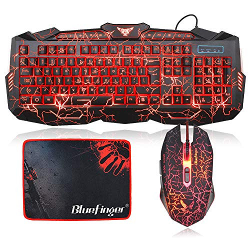 BlueFinger Backlit Gaming Keyboard and Mouse Combo,USB Wired Keyboard Mouse Combo,114 Keys Letters Glow,3 Color Blue/Red/Purple Crack Backlit,Keyboard Mouse Bundle for Computer PC Game Office Work