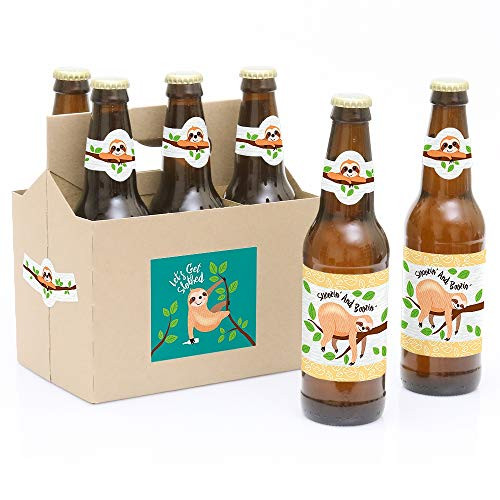 Let's Hang - Sloth - Baby Shower or Birthday Party Decorations for Women and Men - 6 Beer Bottle Label Stickers and 1 Carrier