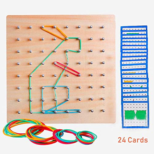 JCREN Wooden Geoboard Puzzle Mathematic Geometry Math Manipulative Array Block Peg Board with Rubber Bands Montessori Educational Toy with 24Pcs Pattern Cards Matrix Puzzle 8x8 Early Development Toy