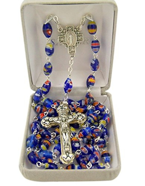 Catholic Blue Flower Glass Prayer Bead Rosary Necklace with Heart Detailed Crucifix, 31 Inch Catholic Blue Flower Glass Prayer Bead Rosary Necklace with Heart Detailed Crucifix, 31 Inch