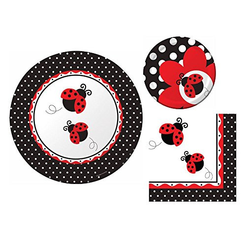 Ladybug Fancy Birthday Party Supplies for 16 Guests | 16 Dinner Plates, 16 Dessert Plates, and 16 Napkins | Adorable Ladybug Paper Plates And Napkins Set | Perfect For A Cute Bug Themed Birthday Party