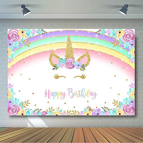 COMOPHOTO Rainbow Unicorn Backdrop 7x5ft Gold Unicorn Birthday Backdrop Glitter Rainbow Floral Party Photography Background Unicorn Baby Shower Party Banner Supplies
