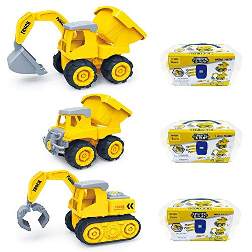Mozlly DIY Construction Vehicles Play Set, Build and Create Excavator, Dump Truck, Crane Toys, Educational STEM Learning Tools, Take-Apart Changeable Kit, Educational for Child Boys Girls - (3 Items)