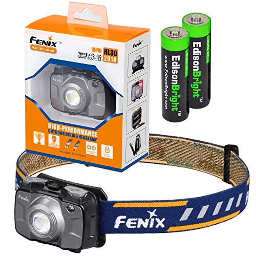 Fenix HL30 2018 300 Lumen LED Headlamp with 2 X EdisonBright AA Alkaline batteries