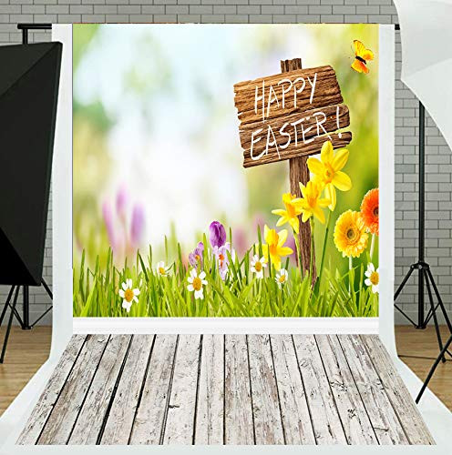 KSZUT 5x7ft Happy Easter Theme Photography Backdrop with Wood Floor Backgrounds Vinyl Customized Photo Studio Props 2-343
