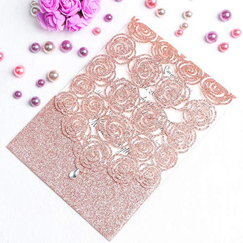 FEIYI 25PCS Laser Cut Invitations Cards Luxury Diamond Gloss Design with Pearl Paper Insert for Wedding, Bridal Shower, Engagement Birthday Graduation Invite (Rose Gold Glitter)