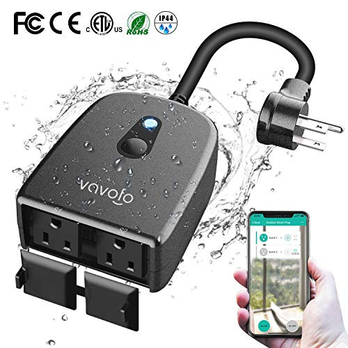VAVOFO Outdoor Smart Plug, WiFi Outlet with 2 Sockets, Compatible with Alexa Google Home, IP44 Waterproof, Wireless Remote Control Timer & Countdown by Smartphone APP